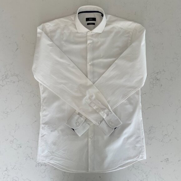 Boss Hugo Boss Slim Fit Jery LS Button Down Dress Cotton Shirt White Sz 15.5/39 - Picture 8 of 15